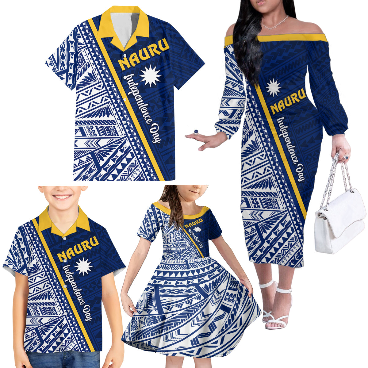 Nauru Independence Day Family Matching Off Shoulder Long Sleeve Dress and Hawaiian Shirt Repubrikin Naoero Gods Will First LT01 - Polynesian Pride