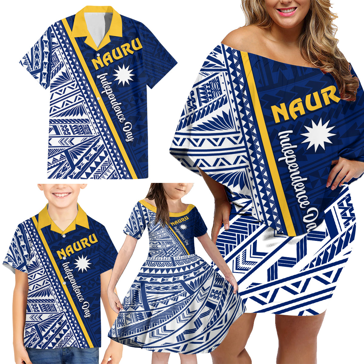 Nauru Independence Day Family Matching Off Shoulder Short Dress and Hawaiian Shirt Repubrikin Naoero Gods Will First LT01 - Polynesian Pride