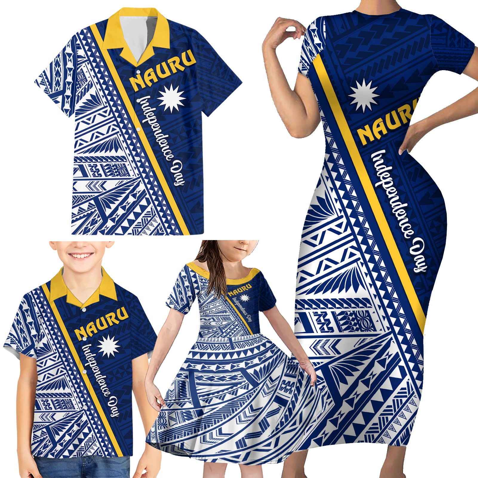 Nauru Independence Day Family Matching Short Sleeve Bodycon Dress and Hawaiian Shirt Repubrikin Naoero Gods Will First LT01 - Polynesian Pride