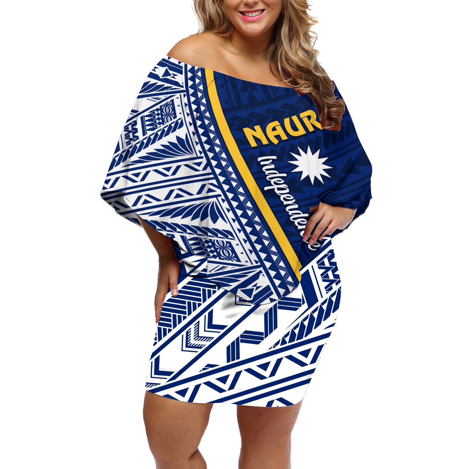 Nauru Independence Day Off Shoulder Short Dress Repubrikin Naoero Gods Will First LT01 Women Blue - Polynesian Pride