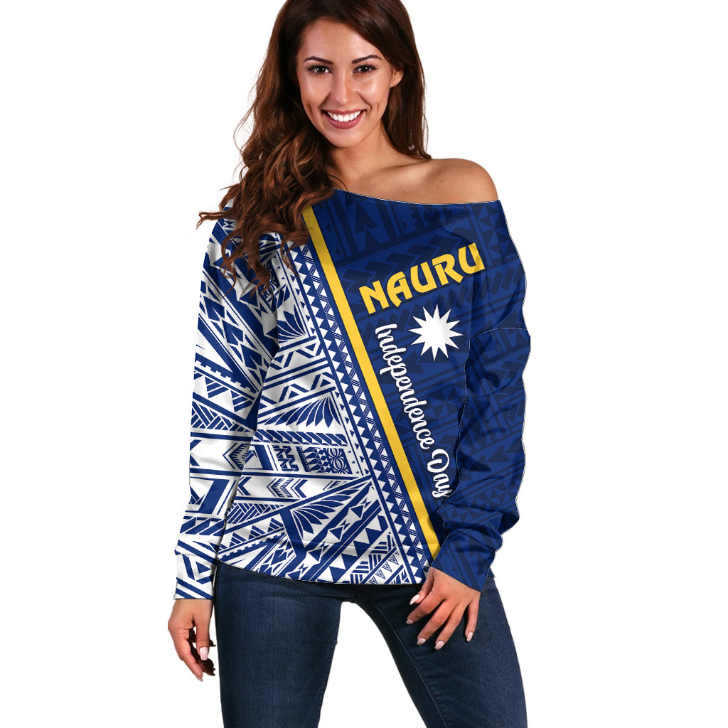 Nauru Independence Day Off Shoulder Sweater Repubrikin Naoero Gods Will First LT01 Women Blue - Polynesian Pride