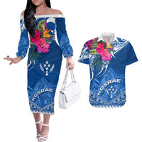 Kosrae Constitution Day Couples Matching Off The Shoulder Long Sleeve Dress and Hawaiian Shirt Kusaie Special Style LT01 Blue - Polynesian Pride