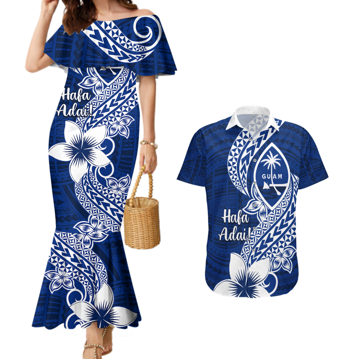Hafa Adai Guam Couples Matching Mermaid Dress and Hawaiian Shirt Polynesian Floral Blue Pattern LT01 Blue - Polynesian Pride
