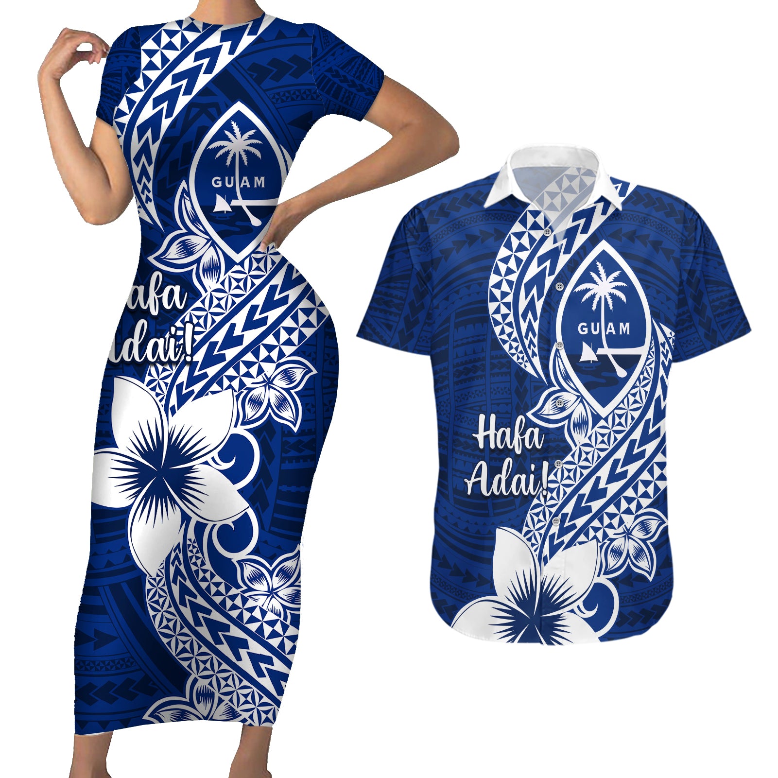 Hafa Adai Guam Couples Matching Short Sleeve Bodycon Dress and Hawaiian Shirt Polynesian Floral Blue Pattern LT01 Blue - Polynesian Pride