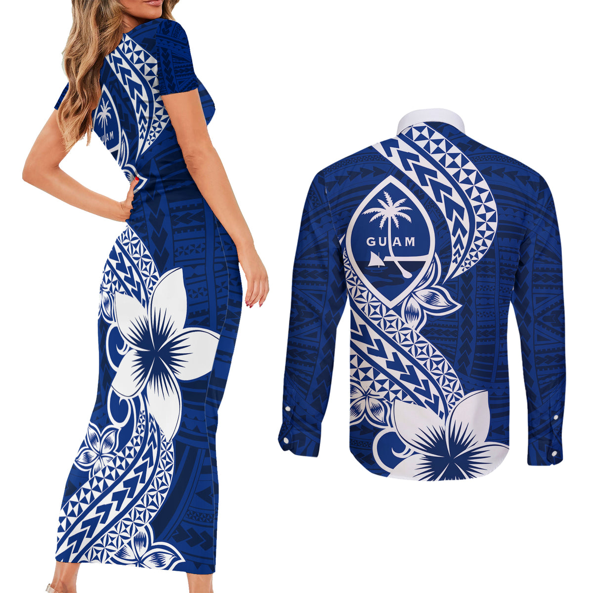 Hafa Adai Guam Couples Matching Short Sleeve Bodycon Dress and Long Sleeve Button Shirt Polynesian Floral Blue Pattern LT01 - Polynesian Pride