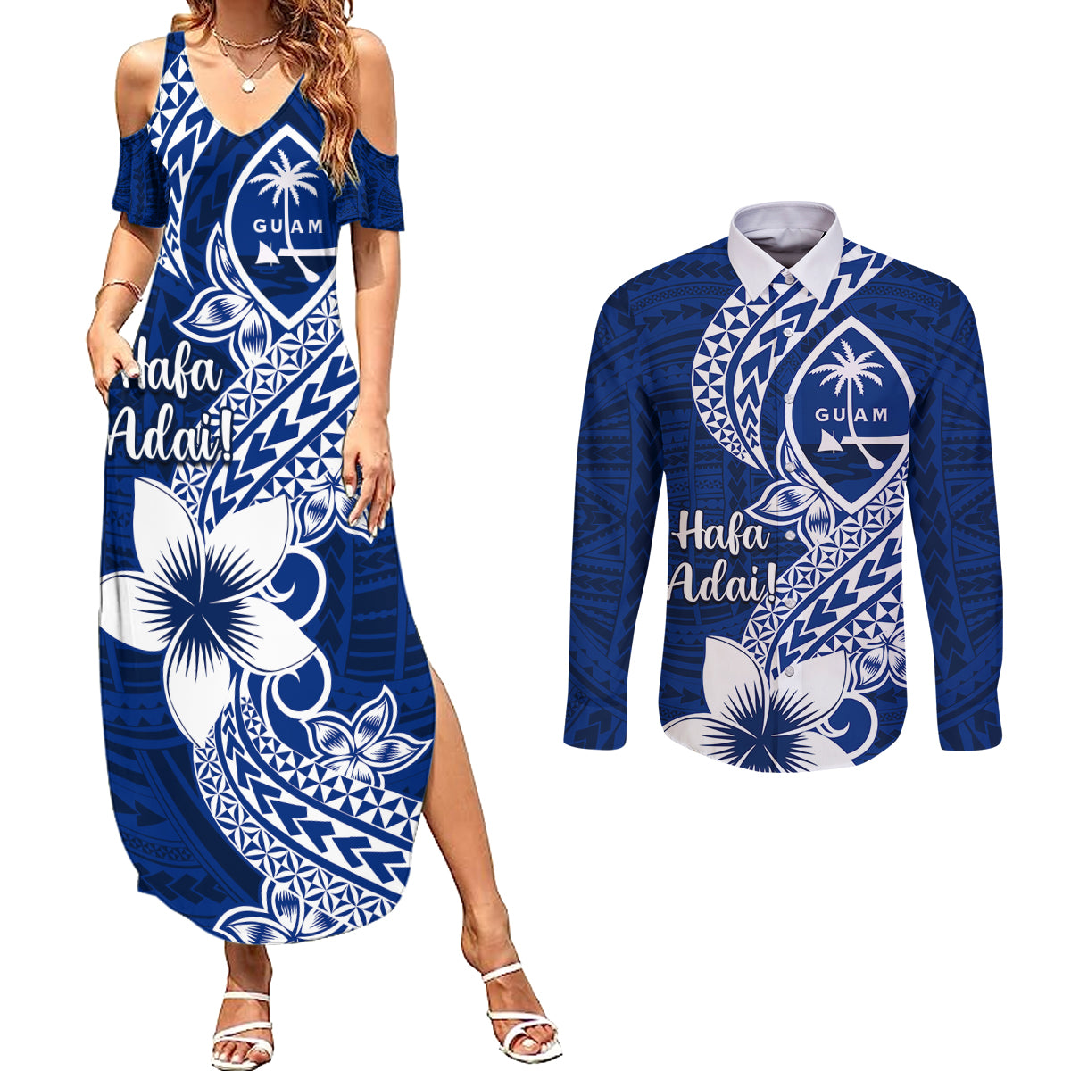Hafa Adai Guam Couples Matching Summer Maxi Dress and Long Sleeve Button Shirt Polynesian Floral Blue Pattern LT01 Blue - Polynesian Pride