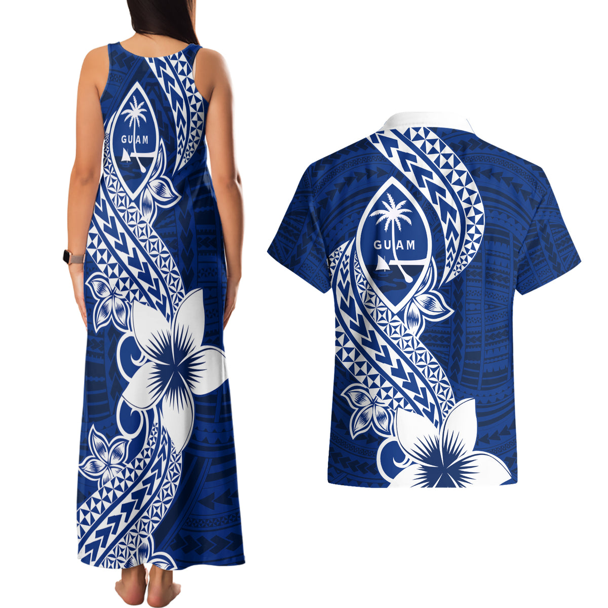 Hafa Adai Guam Couples Matching Tank Maxi Dress and Hawaiian Shirt Polynesian Floral Blue Pattern LT01 - Polynesian Pride