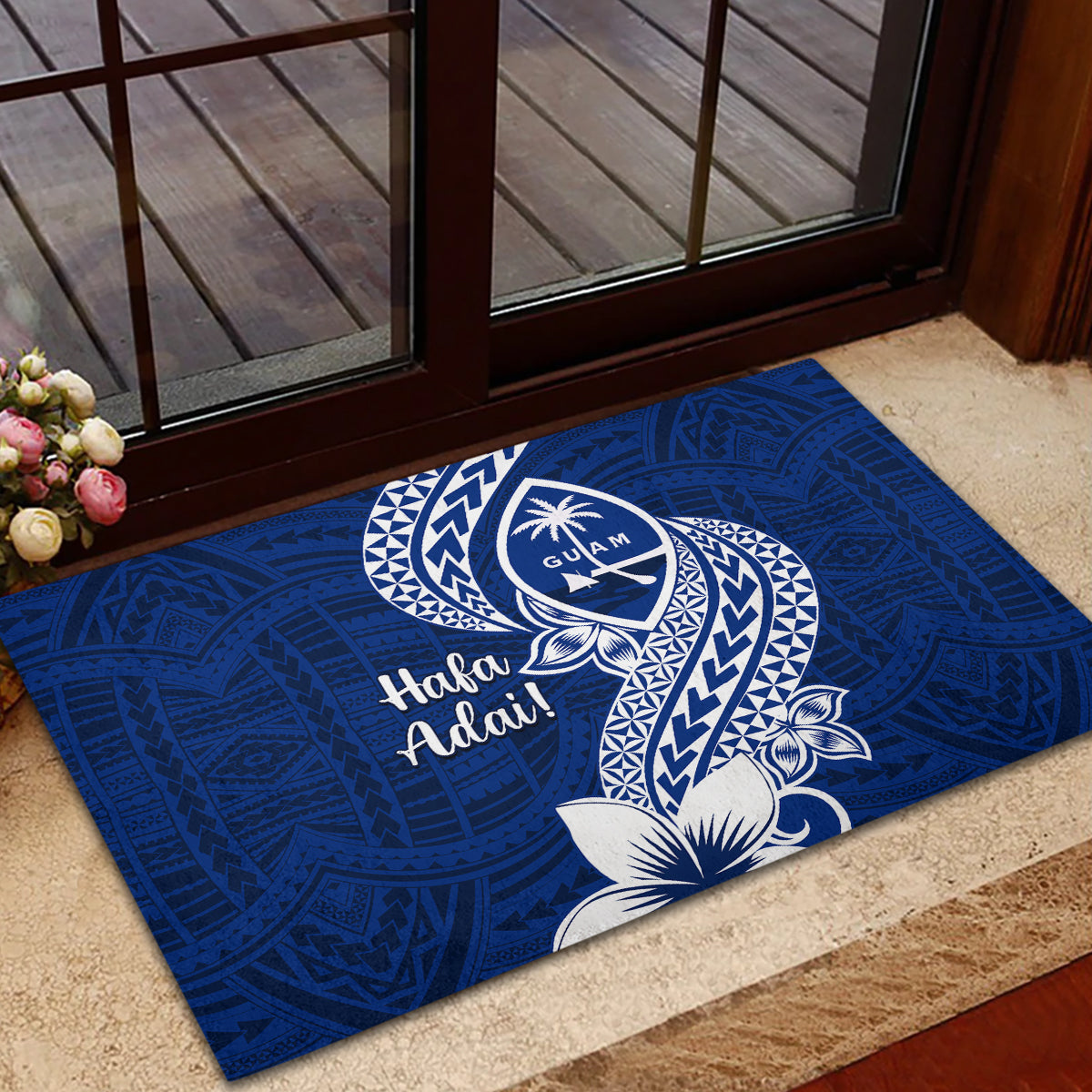 Hafa Adai Guam Rubber Doormat Polynesian Floral Blue Pattern LT01 - Polynesian Pride