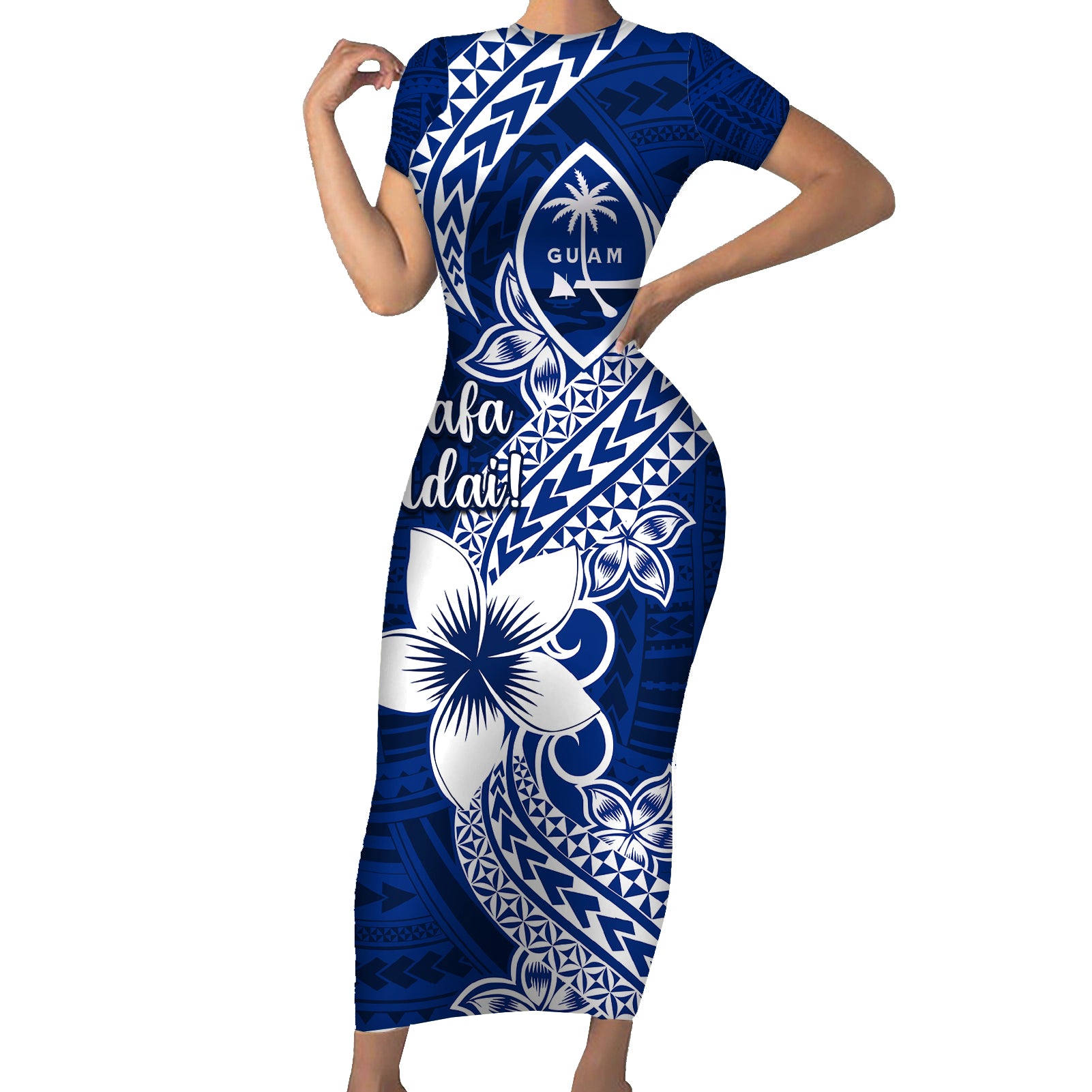 Hafa Adai Guam Short Sleeve Bodycon Dress Polynesian Floral Blue Patte
