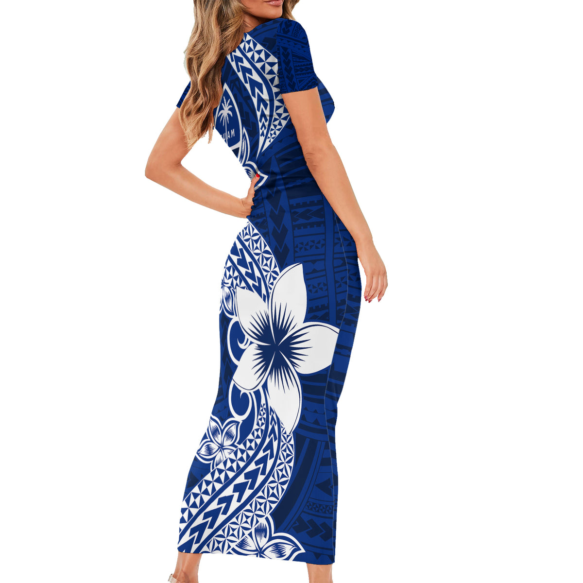 bodycon dresses with short sleeves Hafa Adai Guam Short Sleeve Bodycon Dress Polynesian Floral Blue Patte