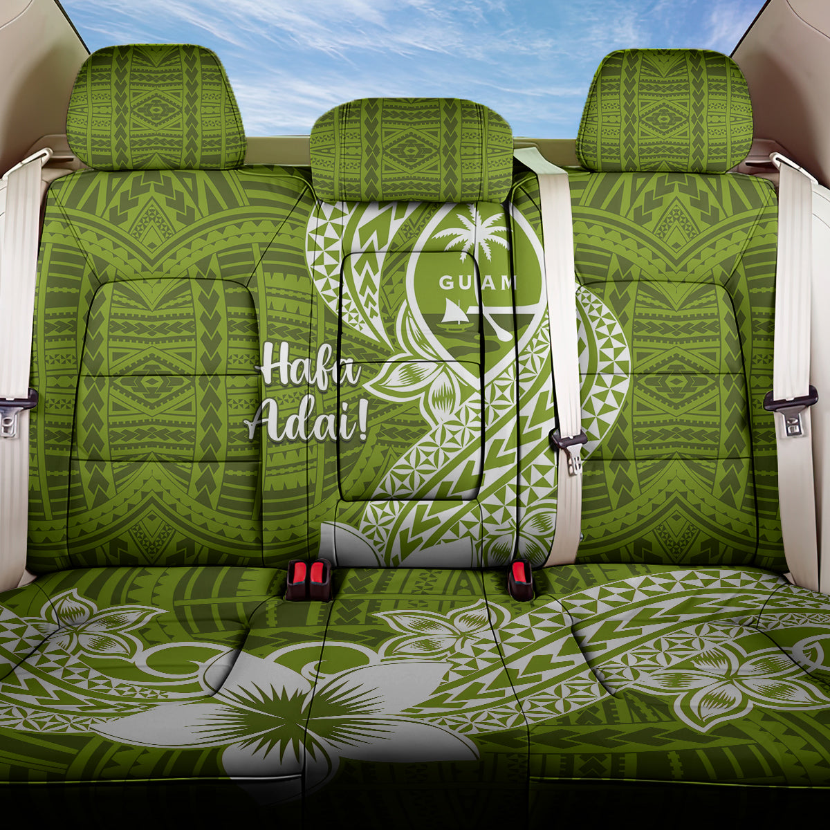 Hafa Adai Guam Back Car Seat Cover Polynesian Olive Green Blue Pattern LT01 One Size Green - Polynesian Pride
