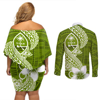 Hafa Adai Guam Couples Matching Off Shoulder Short Dress and Long Sleeve Button Shirt Polynesian Olive Green Blue Pattern LT01 - Polynesian Pride