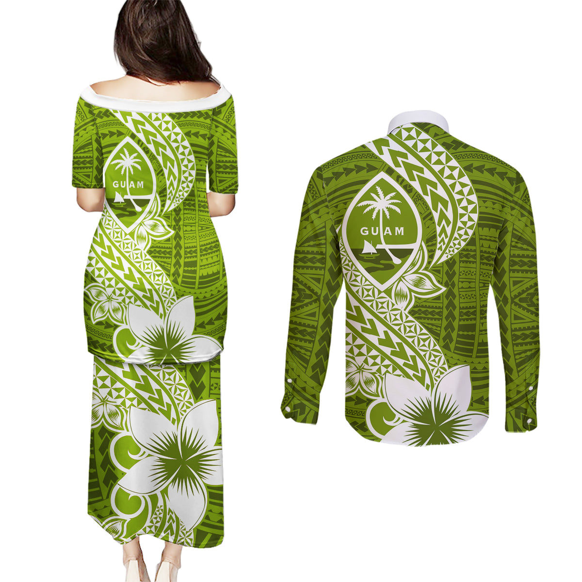 Hafa Adai Guam Couples Matching Puletasi Dress and Long Sleeve Button Shirt Polynesian Olive Green Blue Pattern LT01 - Polynesian Pride