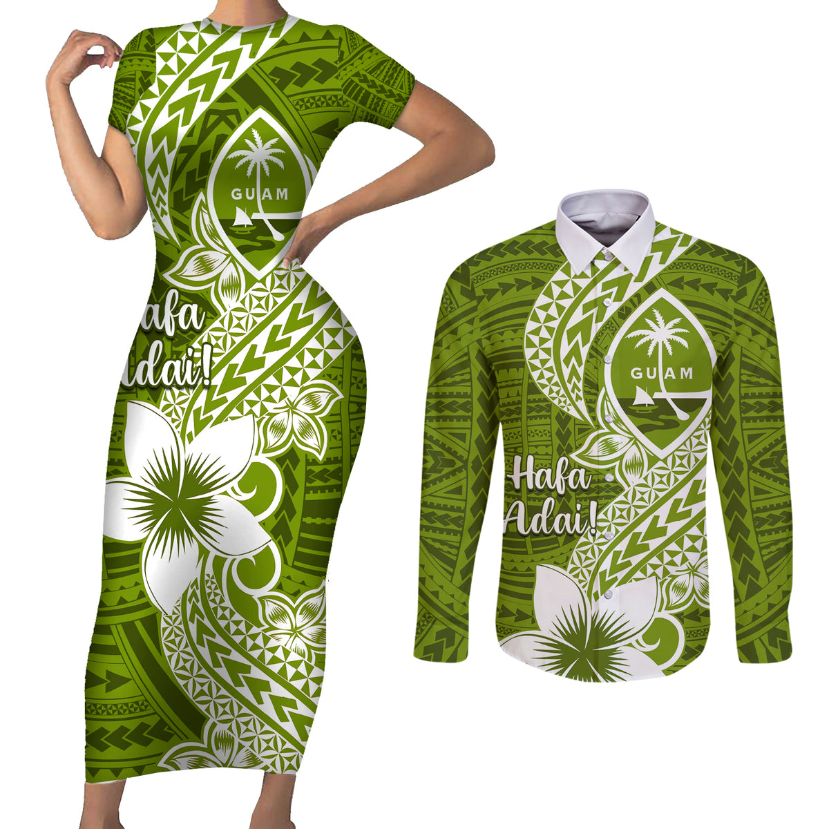 Hafa Adai Guam Couples Matching Short Sleeve Bodycon Dress and Long Sleeve Button Shirt Polynesian Olive Green Blue Pattern LT01 Green - Polynesian Pride