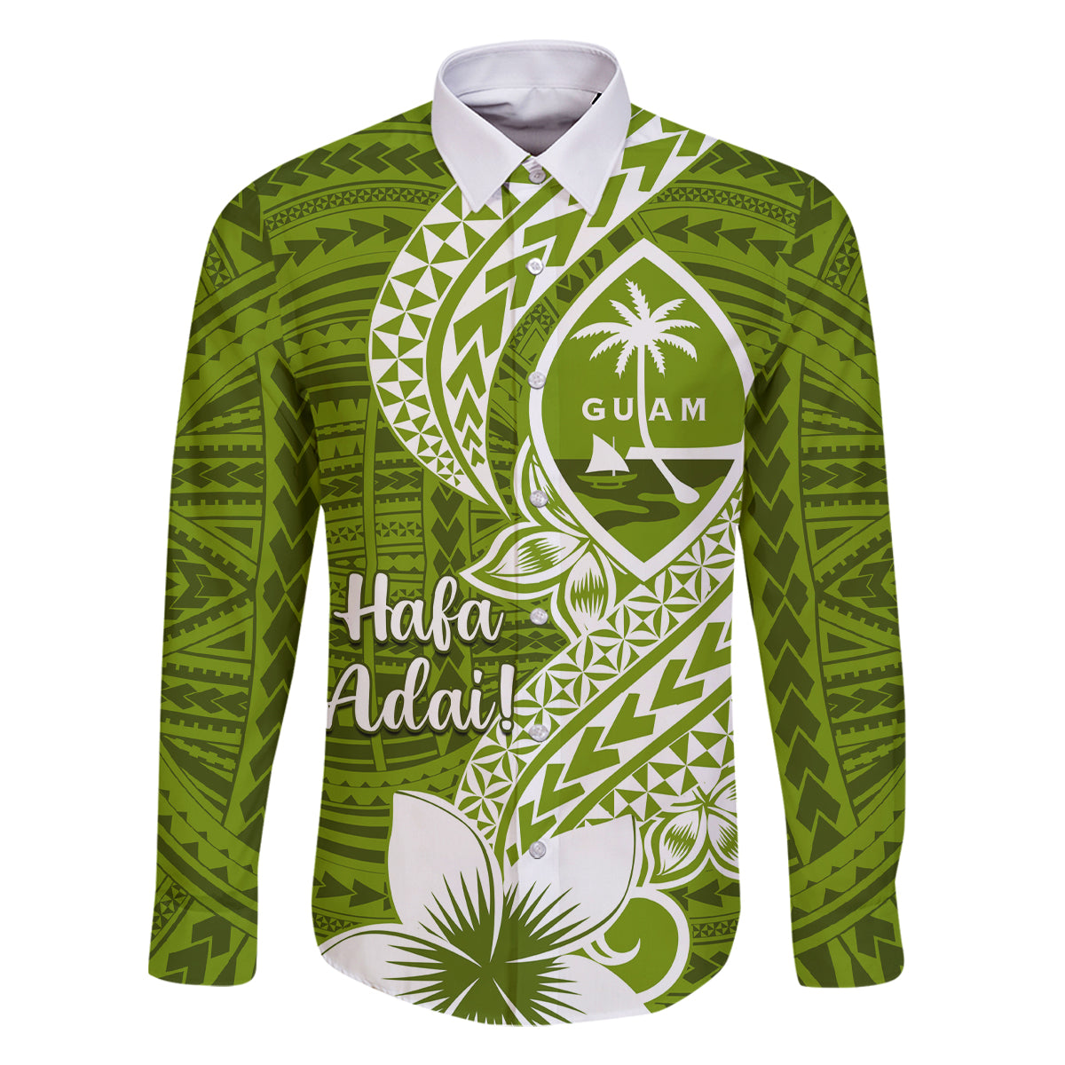 Hafa Adai Guam Family Matching Off Shoulder Long Sleeve Dress and Hawaiian Shirt Polynesian Olive Green Blue Pattern LT01 Dad's Shirt - Long Sleeve Green - Polynesian Pride