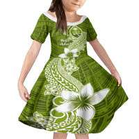 Hafa Adai Guam Family Matching Tank Maxi Dress and Hawaiian Shirt Polynesian Olive Green Blue Pattern LT01 Daughter's Dress Green - Polynesian Pride