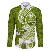 Hafa Adai Guam Family Matching Tank Maxi Dress and Hawaiian Shirt Polynesian Olive Green Blue Pattern LT01 Dad's Shirt - Long Sleeve Green - Polynesian Pride