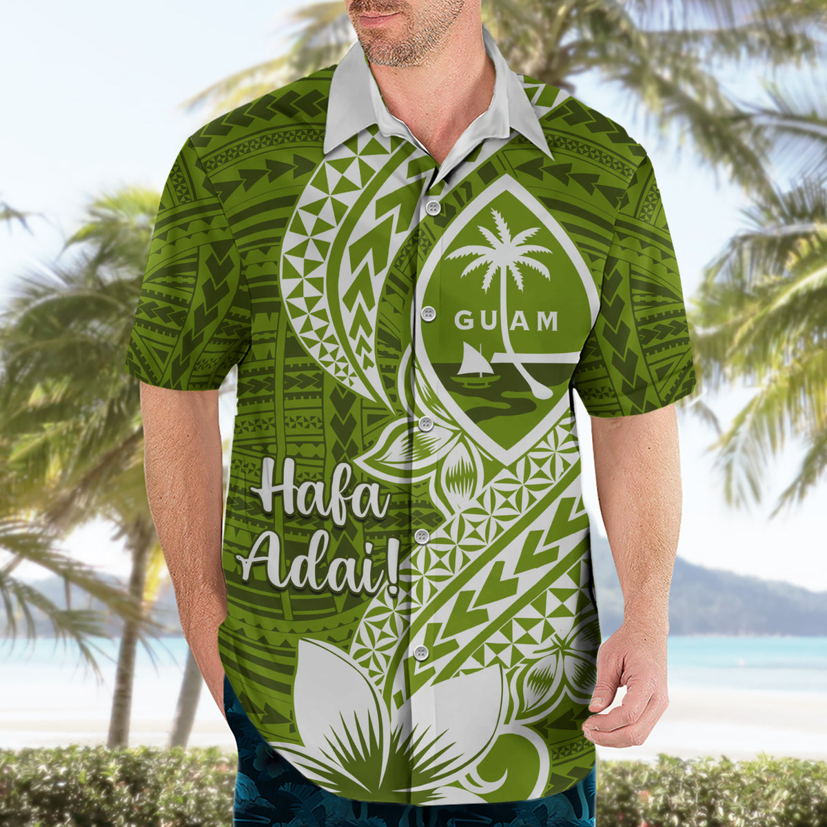 Hafa Adai Guam Hawaiian Shirt Polynesian Olive Green Blue Pattern LT01 - Polynesian Pride