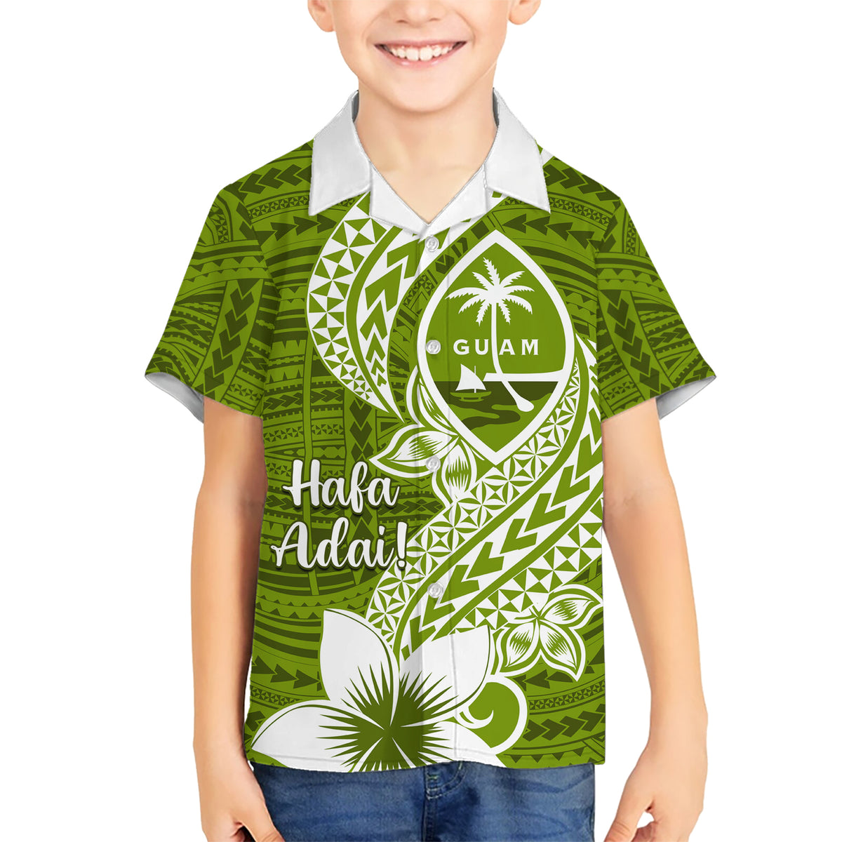 Hafa Adai Guam Kid Hawaiian Shirt Polynesian Olive Green Blue Pattern LT01 Kid Green - Polynesian Pride