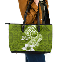 Hafa Adai Guam Leather Tote Bag Polynesian Olive Green Blue Pattern LT01 - Polynesian Pride