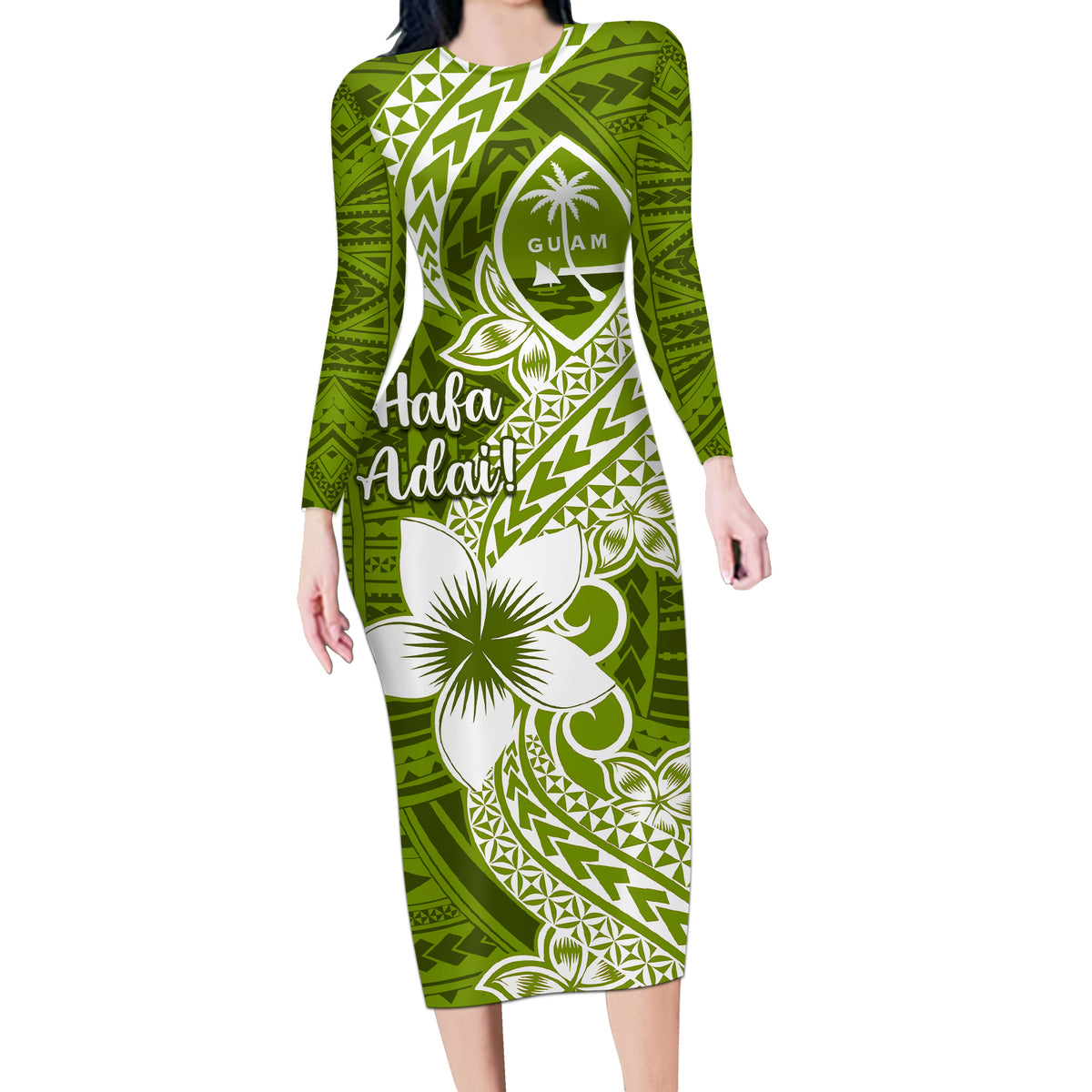Hafa Adai Guam Long Sleeve Bodycon Dress Polynesian Olive Green Blue P - Polynesian Pride Hafa Adai Guam Long Sleeve Bodycon Dress Polynesian Olive Green Blue P - Polynesian Pride