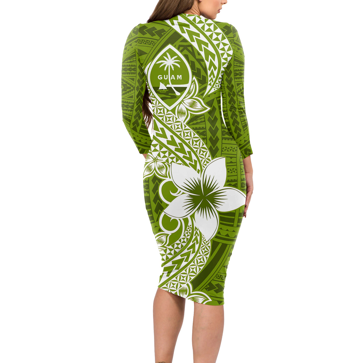 Hafa Adai Guam Long Sleeve Bodycon Dress Polynesian Olive Green Blue Pattern LT01 - Polynesian Pride