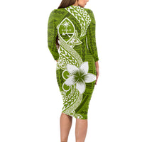 Hafa Adai Guam Long Sleeve Bodycon Dress Polynesian Olive Green Blue Pattern LT01 - Polynesian Pride