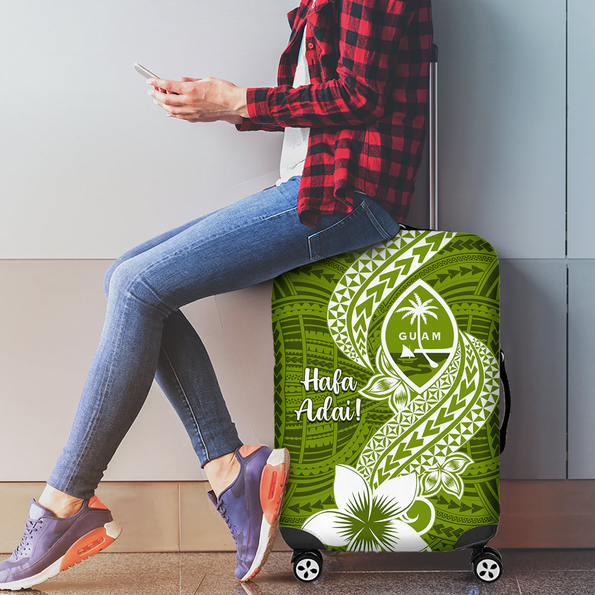 Hafa Adai Guam Luggage Cover Polynesian Olive Green Blue Pattern LT01 - Polynesian Pride