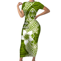 Hafa Adai Guam Short Sleeve Bodycon Dress Polynesian Olive Green Blue Pattern LT01 Long Dress Green - Polynesian Pride