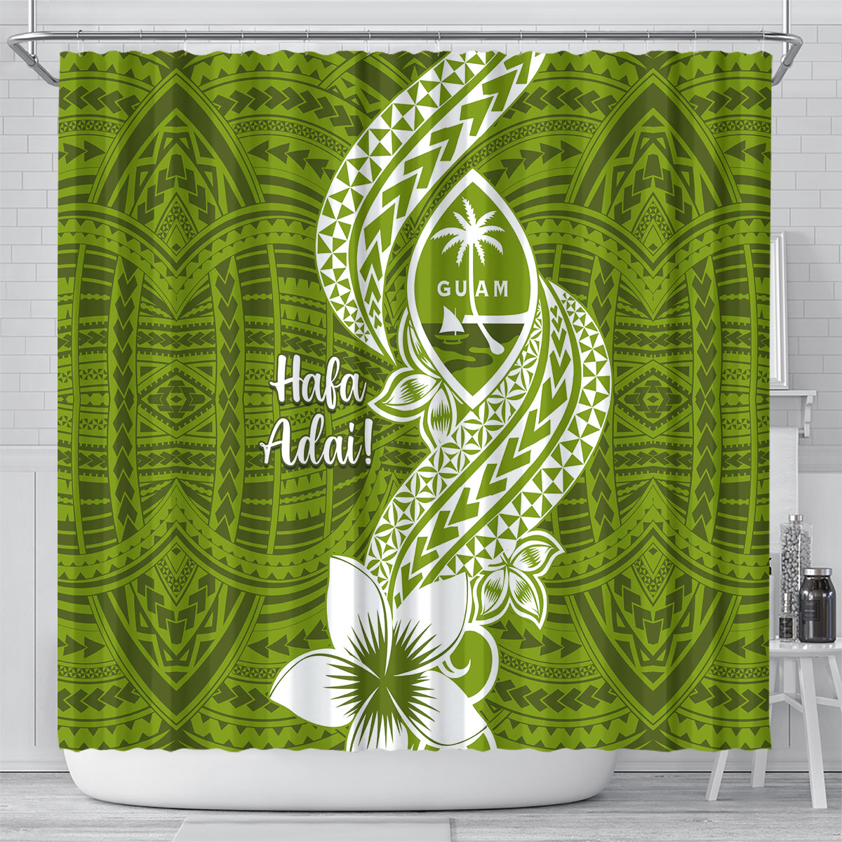 Hafa Adai Guam Shower Curtain Polynesian Olive Green Blue Pattern LT01 - Polynesian Pride