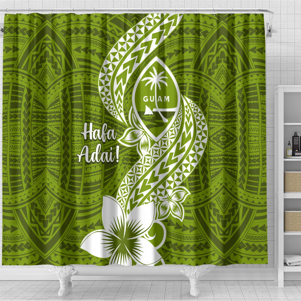 Hafa Adai Guam Shower Curtain Polynesian Olive Green Blue Pattern LT01 - Polynesian Pride
