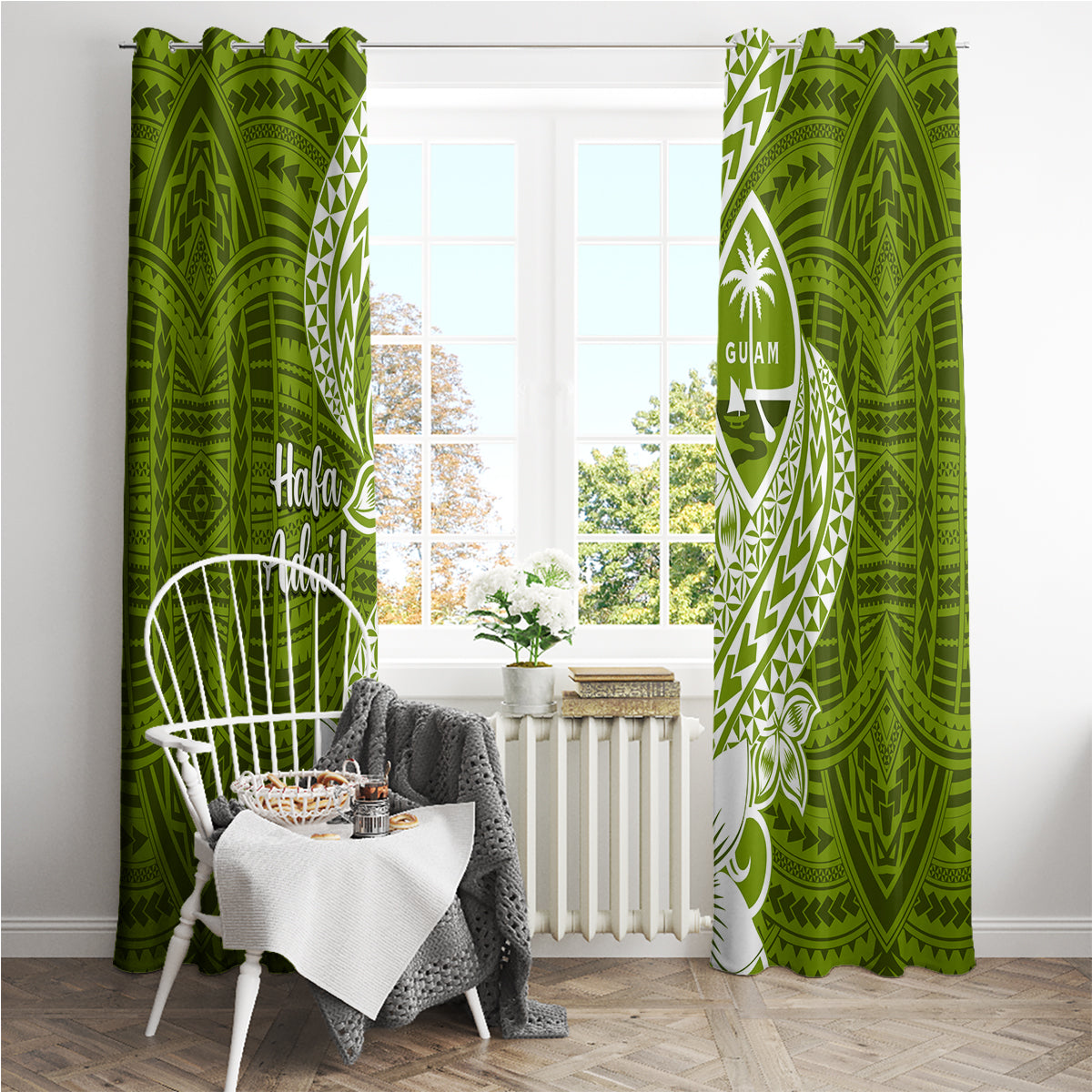 Hafa Adai Guam Window Curtain Polynesian Olive Green Blue Pattern LT01 - Polynesian Pride