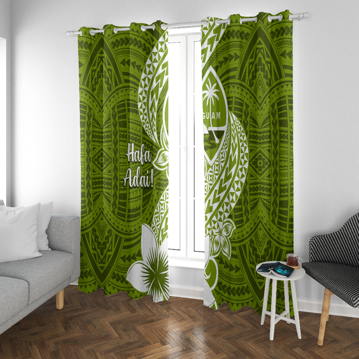 Hafa Adai Guam Window Curtain Polynesian Olive Green Blue Pattern LT01 With Grommets Green - Polynesian Pride