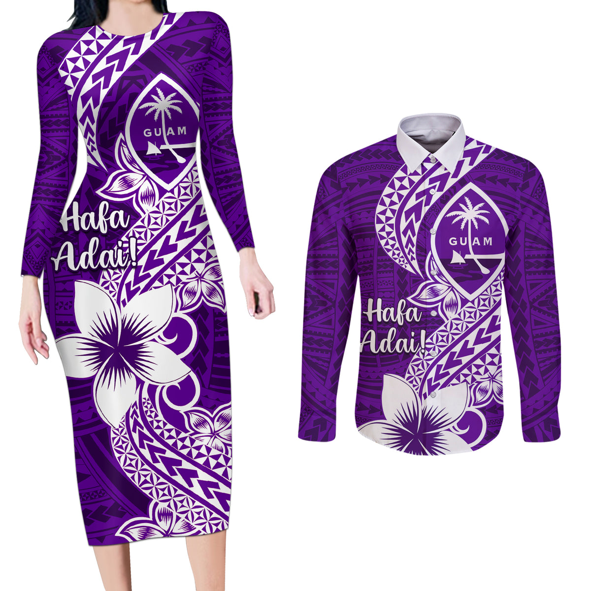 Hafa Adai Guam Couples Matching Long Sleeve Bodycon Dress and Long Sleeve Button Shirt Polynesian Floral Purple Pattern LT01 Purple - Polynesian Pride