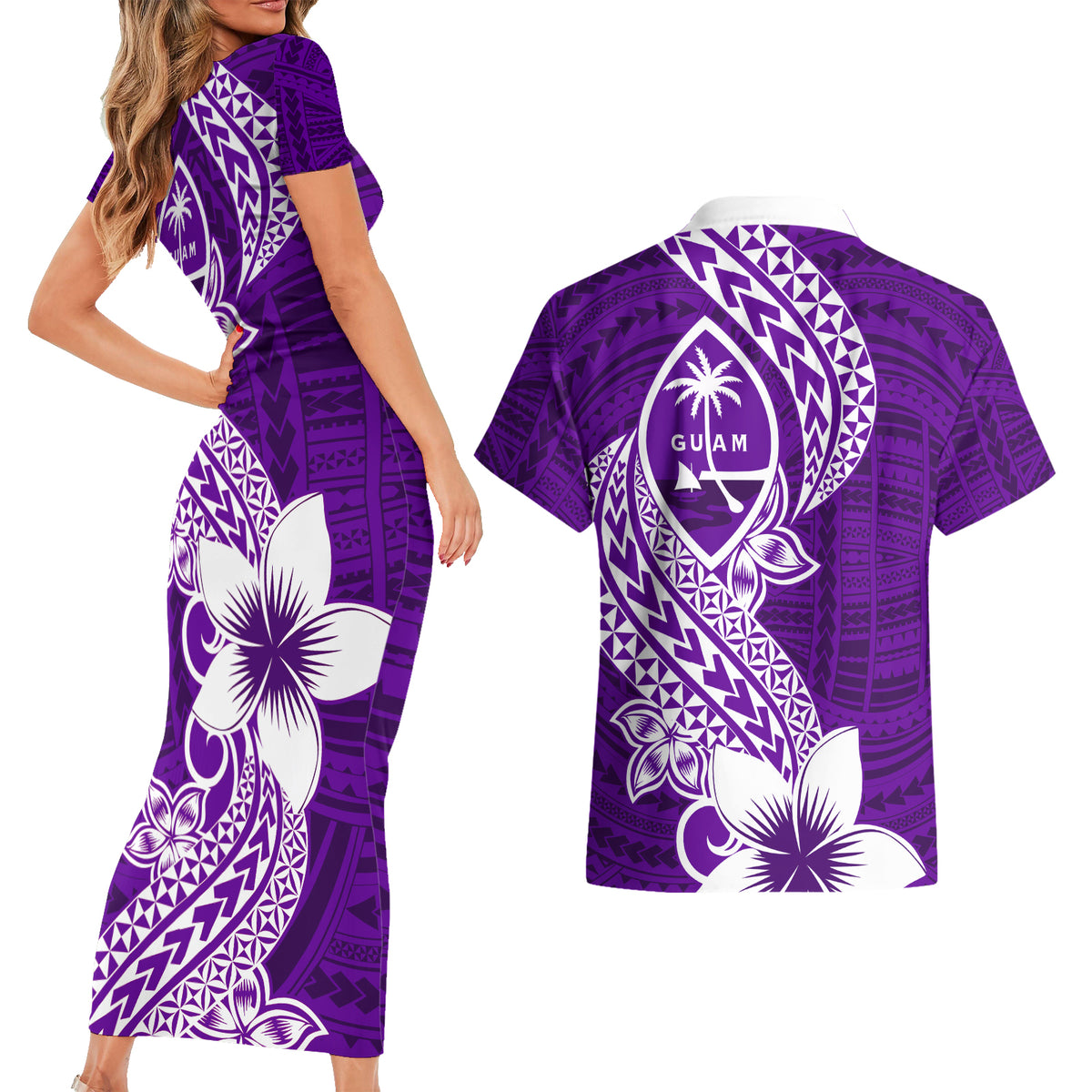 Hafa Adai Guam Couples Matching Short Sleeve Bodycon Dress and Hawaiian Shirt Polynesian Floral Purple Pattern LT01 - Polynesian Pride