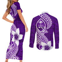 Hafa Adai Guam Couples Matching Short Sleeve Bodycon Dress and Long Sleeve Button Shirt Polynesian Floral Purple Pattern LT01 - Polynesian Pride