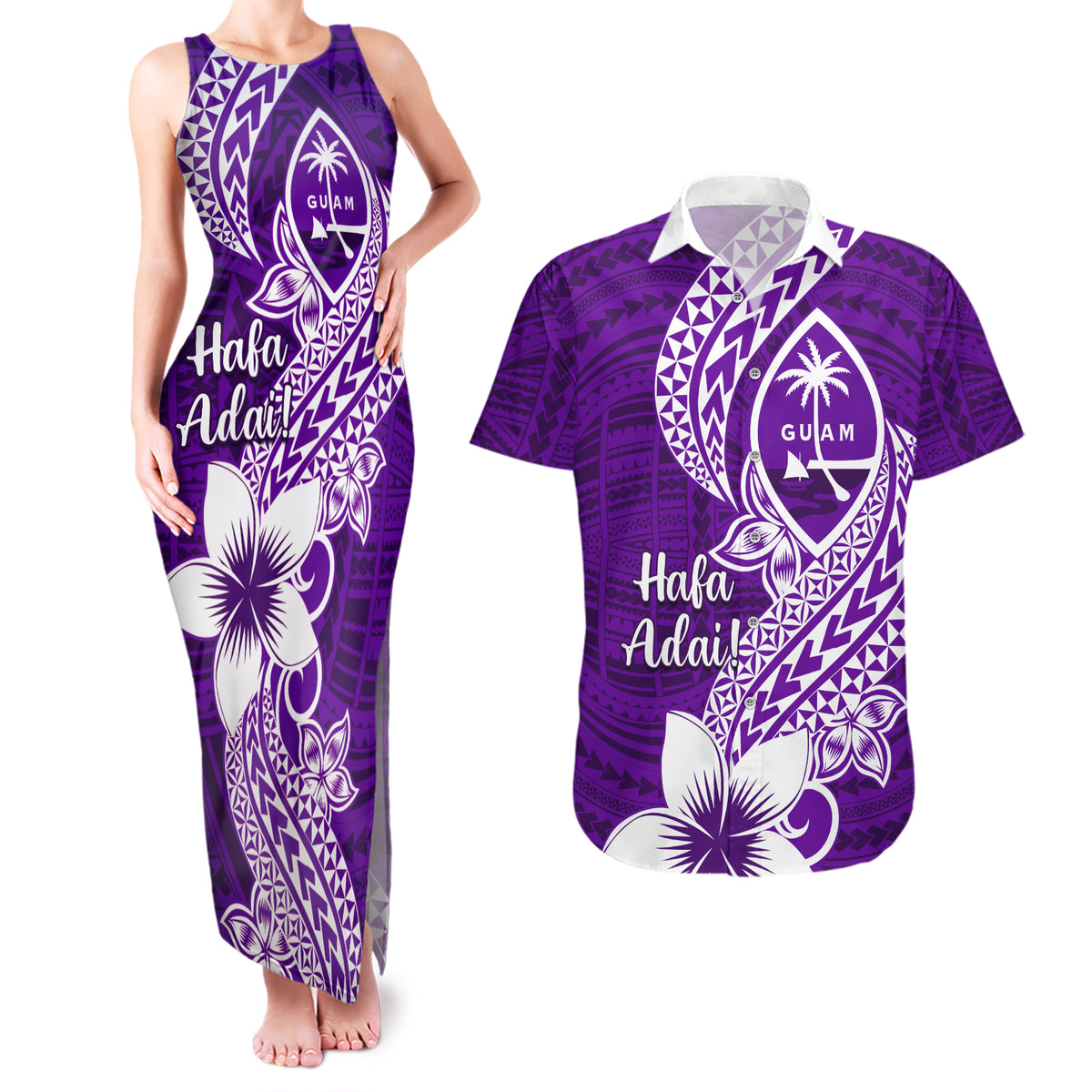 Hafa Adai Guam Couples Matching Tank Maxi Dress and Hawaiian Shirt Polynesian Floral Purple Pattern LT01 Purple - Polynesian Pride