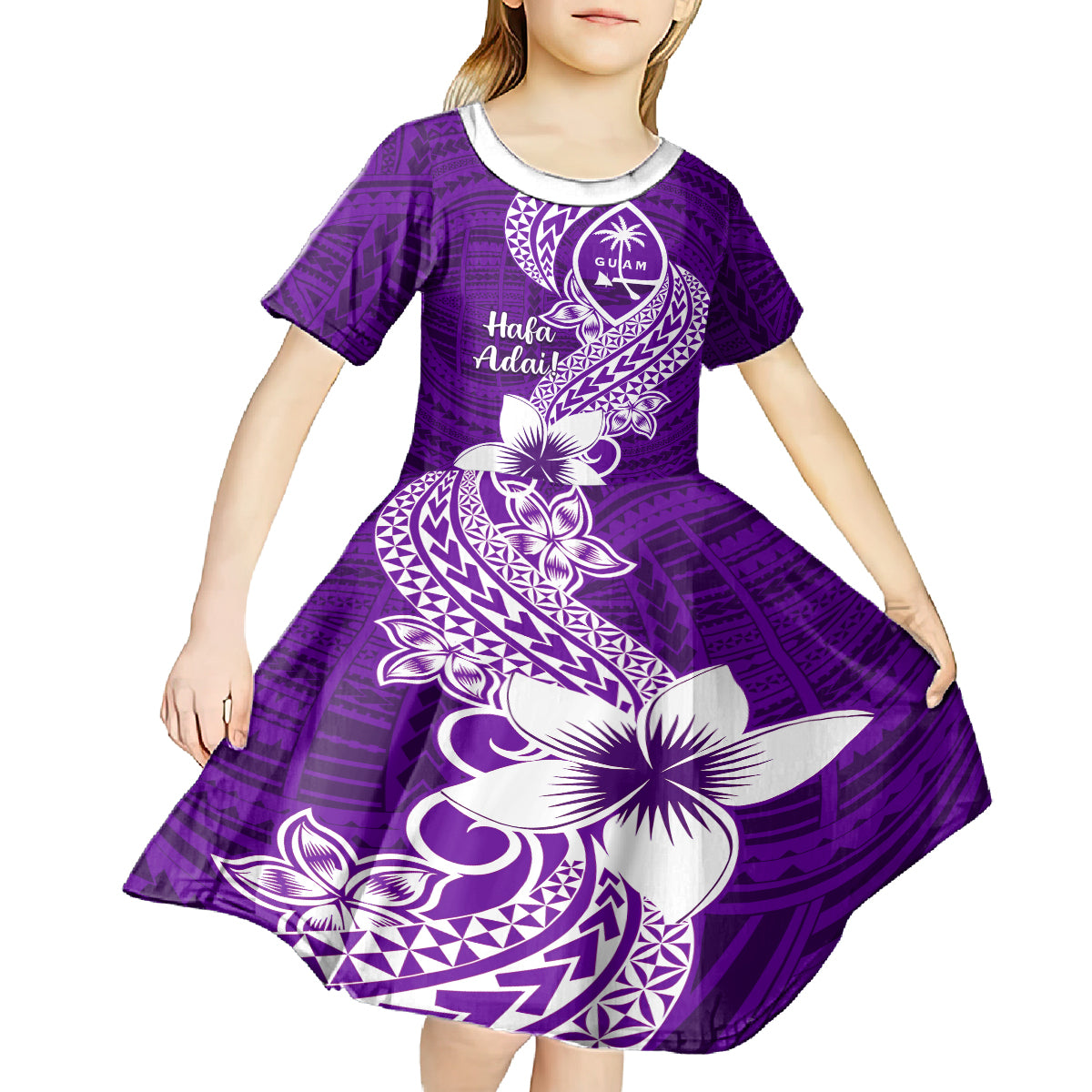 Hafa Adai Guam Kid Short Sleeve Dress Polynesian Floral Purple Pattern LT01 - Polynesian Pride