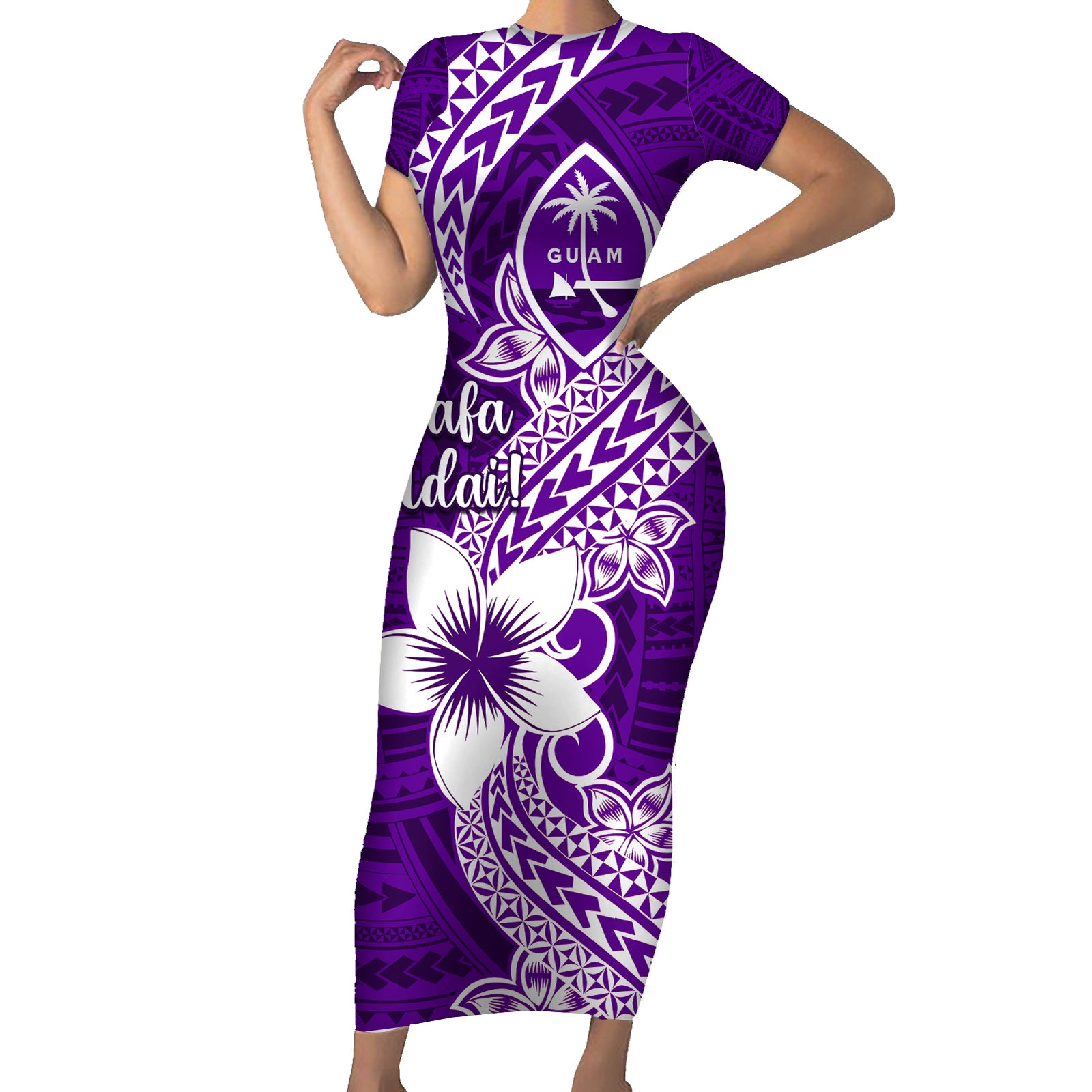 Hafa Adai Guam Short Sleeve Bodycon Dress Polynesian Floral Purple Pattern LT01 Long Dress Purple - Polynesian Pride