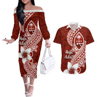 Hafa Adai Guam Couples Matching Off The Shoulder Long Sleeve Dress and Hawaiian Shirt Polynesian Floral Red Pattern LT01 Red - Polynesian Pride