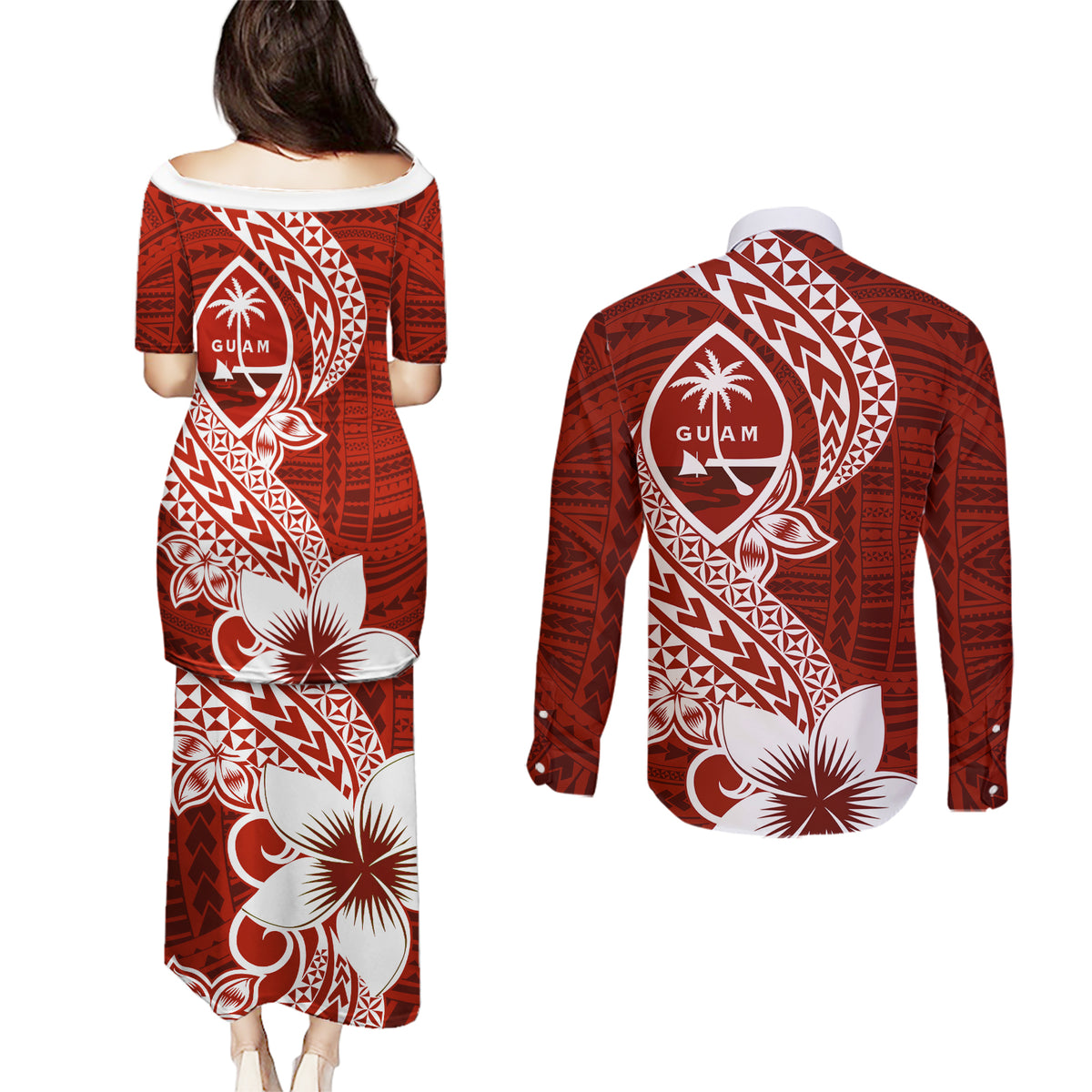 Hafa Adai Guam Couples Matching Puletasi Dress and Long Sleeve Button Shirt Polynesian Floral Red Pattern LT01 - Polynesian Pride