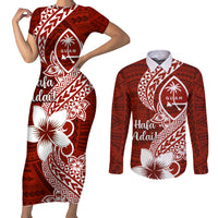 Hafa Adai Guam Couples Matching Short Sleeve Bodycon Dress and Long Sleeve Button Shirt Polynesian Floral Red Pattern LT01 Red - Polynesian Pride