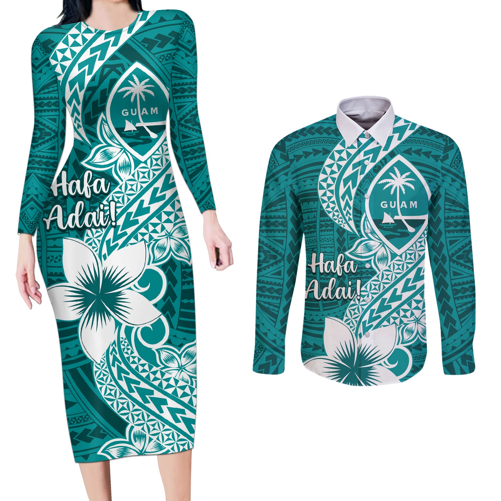 Hafa Adai Guam Couples Matching Long Sleeve Bodycon Dress and Long Sleeve Button Shirt Polynesian Floral Teal Pattern LT01 Teal - Polynesian Pride