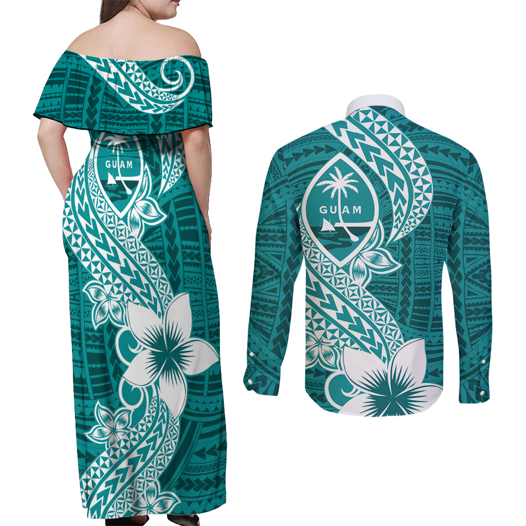 Hafa Adai Guam Couples Matching Off Shoulder Maxi Dress and Long Sleeve Button Shirt Polynesian Floral Teal Pattern LT01 - Polynesian Pride