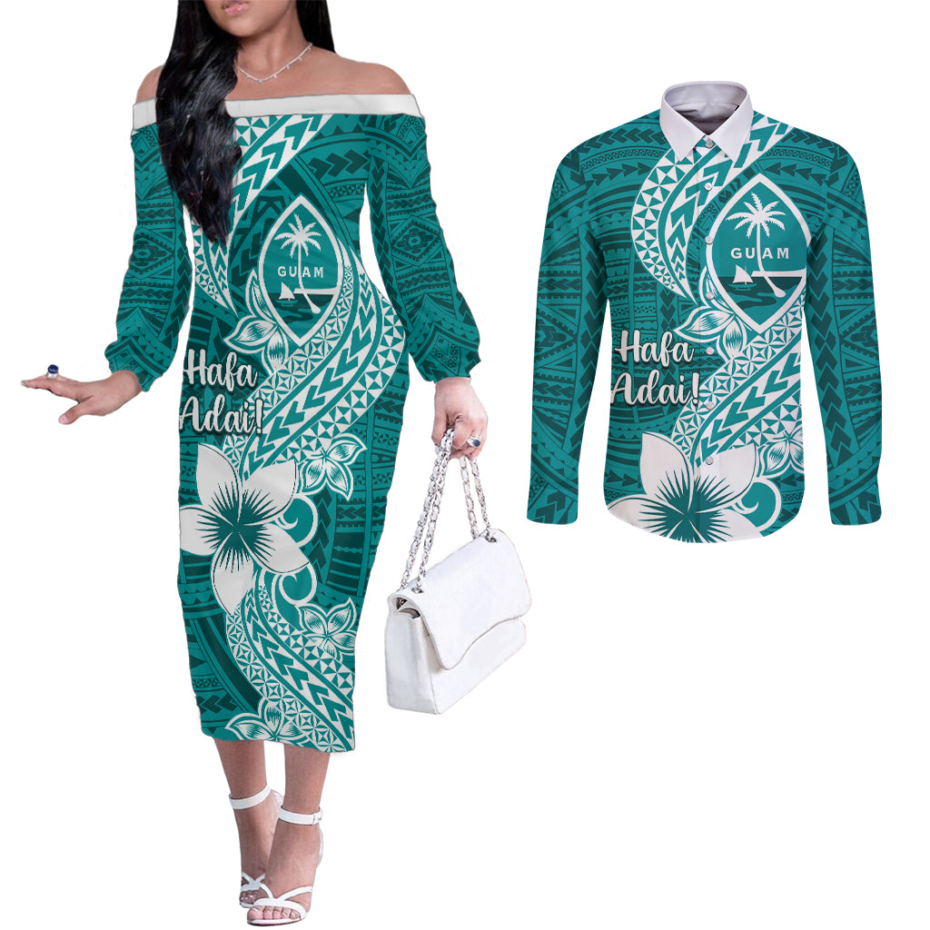 Hafa Adai Guam Couples Matching Off The Shoulder Long Sleeve Dress and Long Sleeve Button Shirt Polynesian Floral Teal Pattern LT01 Teal - Polynesian Pride