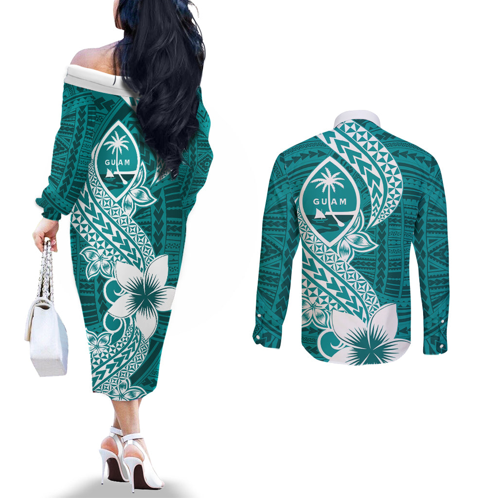 Hafa Adai Guam Couples Matching Off The Shoulder Long Sleeve Dress and Long Sleeve Button Shirt Polynesian Floral Teal Pattern LT01 - Polynesian Pride