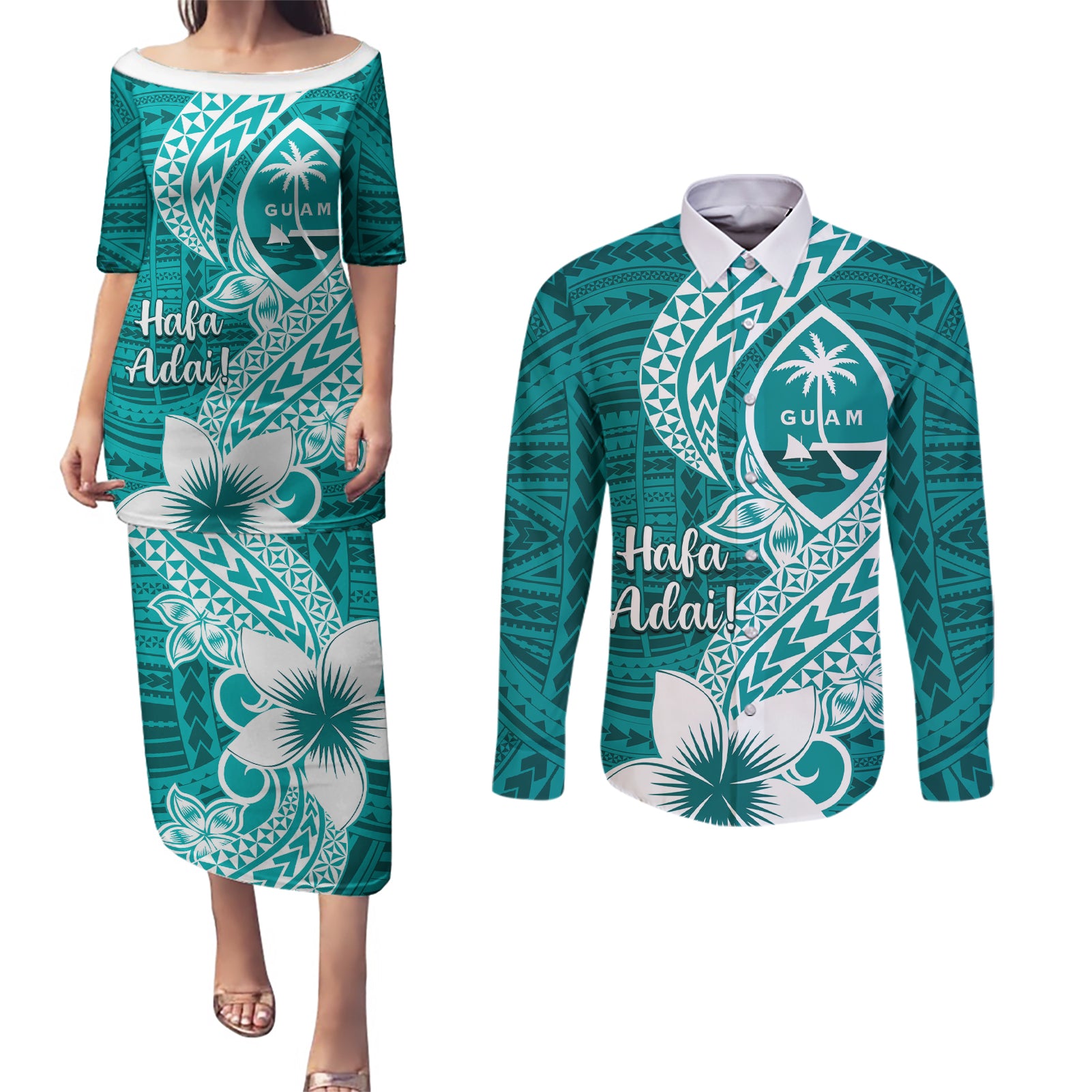 Hafa Adai Guam Couples Matching Puletasi Dress and Long Sleeve Button Shirt Polynesian Floral Teal Pattern LT01 Teal - Polynesian Pride
