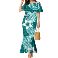 Hafa Adai Guam Family Matching Mermaid Dress and Hawaiian Shirt Polynesian Floral Teal Pattern LT01 Mom's Dress Teal - Polynesian Pride