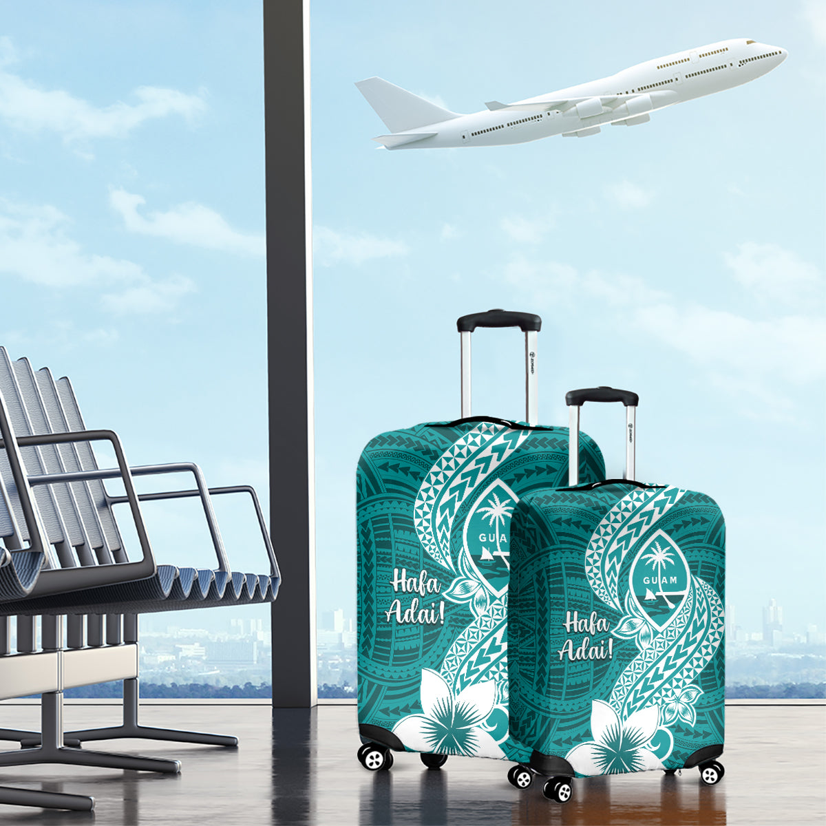 Hafa Adai Guam Luggage Cover Polynesian Floral Teal Pattern LT01 - Polynesian Pride