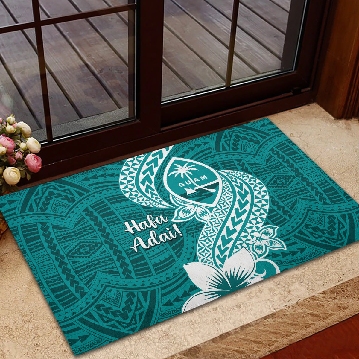 Hafa Adai Guam Rubber Doormat Polynesian Floral Teal Pattern LT01 - Polynesian Pride